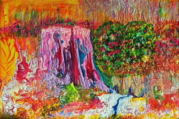 Pintura abstracta con tonos vibrantes y formas que sugieren montañas y un árbol.