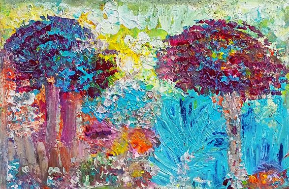 Paisaje colorido con árboles morados y vegetación vibrante en tonos azules y verdes.