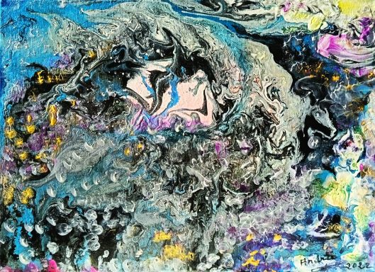 Abstracto colorido con formas fluidas en tonos azules, negros, rosas y amarillos.